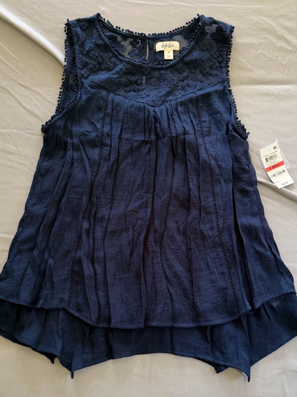 Style & Co. Women's Navy Blue Sleeveless Blouse Sheer Lace Embroidered XS New